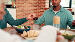 Family, prayer and holding hands with food at house for gratitude, blessing meal and appreciation. People, praying grace and thankful for breakfast reunion, religious tradition and christian practice
