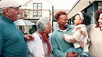 Happy, hug and big family outdoor for bonding, love and connection together at new home. Smile, laughing and girl child with parents and senior grandparents for embrace with real estate investment.