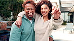 New home, happy and face of couple with keys for property purchase, investment and dream house. Homeowner, excited and portrait of people hug with keychain for moving, real estate or mortgage outdoor