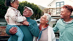 Happy, hug and big family outdoor for connection, love and bonding together at new home. Smile, laughing and girl child with parents and senior grandparents for embrace with real estate investment.
