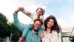Happy, shoulder and face of parents with child outdoor for playing, bonding and fun on weekend. Interracial family, backyard and portrait of mom, dad and kid for love, playful relationship or holiday