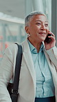 Airport, business and happy woman with conversation, phone call and communication with internet. Mature person, professional or employee with cellphone, company travel or feedback for schedule or app