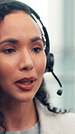 Call center, headset and woman in office, talking and communication with system solution. Person, consultant and employee in workplace, crm and customer support with help desk and online service
