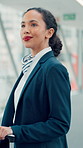 Flight attendant, airport and woman with luggage, thinking and arrival terminal. Cabin crew, air hostess and happy person with suitcase, international travel and departure with trip and stewardess