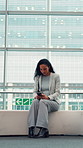 Phone, busy airport and business woman with app for online communication, check email or travel. Mobile, waiting and person in lobby for flight schedule, typing message and text with timelapse