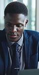 Corporate, business and black man on laptop in office for finance report, online proposal and research. Professional, investor and person busy on computer for financial review, website and planning