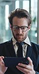Business, smartphone and man in office, financial advisor and email for revenue growth. Person, investor and employee in workplace, cellphone and online video with digital app for trading or internet