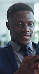 Business, smartphone and black man with smile, financial advisor and email for profit growth. African person, network or investor in office, cellphone and online chatting with digital app for trading