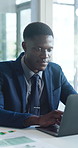 Finance, documents and business black man on laptop for profit growth, company expense and report. Corporate, accountant and person with paperwork for financial review, revenue or budget on computer