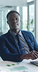 Face, office and business black man on laptop for profit growth, company expense and about us. Corporate, investor and portrait of person for financial review, revenue and documents on computer