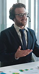 Businessman, consultant and online advice with headset for financial analysis or report in office. Man, agent or finance analyst talking with mic for virtual assistance, statistics or analytics