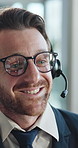 Happy, businessman and consultant with headset for online advice or customer service in call center. Man, agent or talking with mic or glasses for virtual assistance, support or web help in workplace