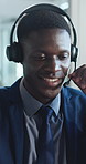 Customer service, talk and happy black man in call center for banking, financial support or crm. Contact us, headset and agent speaking in office for account assistance, loan inquiry or business