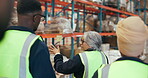 Dropshipping, supervisor and group in warehouse, inspection or planning for logistics and discussion. Back, colleagues and people in factory for quality assurance, walk and teamwork for distribution