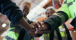 Supply chain, team and huddle in warehouse for success, distribution and logistics achievement. Below, people clap or hand stack in wholesale factory with celebration, shipping goal or export target.