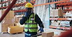 Radio, warehouse and man with boxes for logistics, stock count or conversation. Communication, talking or black person with cargo for shipping, check inventory or supply chain management with trolley