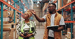 Black people, team or talk in warehouse for shipping, supply chain planning or logistics with tablet. Stock management, discussion and distribution with workers for cargo inspection, export and walk