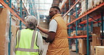 People, team and tablet for logistics in warehouse with supply chain, discussion and meeting. Group, back and tech for review, export or talk with inventory management for shipping quality control