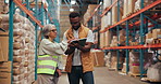 People, team and tablet for stock in warehouse with supply chain, discussion and meeting. Group, logistics and tech for review, export or talk with inventory management for shipping quality control