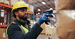 Happy man, tablet and scanner with inventory in warehouse for price check, storage or distribution. Male person, employee or checklist with technology, barcode or inspection for supply chain in depot
