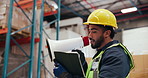Man, announcement and megaphone with tablet in warehouse for inventory management or maintenance. Male person, speaker or bullhorn with technology for shipping alert, distribution or storage in depot