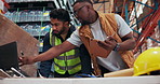 Businessmen, meeting and discussion with laptop in warehouse for building improvement or renovation. Male people, employees or planning with computer for shipping or supply chain maintenance in depot