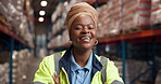 Black woman, face and confidence in warehouse for logistics, export business or inventory management. Supervisor, smile and arms crossed in storage facility with portrait for distribution and stock