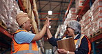 Women, high five and laugh in warehouse for logistics, export business or inventory management. Supervisor, celebration and support in storage facility with deal for distribution or supply chain