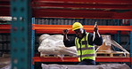 Logistics, dancing and black man in warehouse, clipboard and achievement with success. African person, movement and employee in workplace, excited and celebration with distribution and job promotion