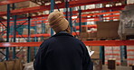 Warehouse, inspection and woman with clipboard, dropshipping and inventory for delivery or logistics. Factory, quality control and person with checklist for supply chain, back and planning for order