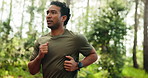 Fitness, exercise and man in nature with running, cardio and training on international trip. Body wellness, bokeh and athlete in forest with jog, outdoor trail and endurance workout in Costa Rica.