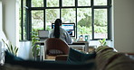 Web designer, remote work and back of woman on computer for online project, website interface and software. Freelancer, graphic design and person on pc for planning, ui research and internet in home