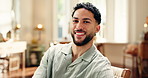 Smile, man and relax with face in home for peace, calm morning and positive attitude. Portrait, male person and happiness for weekend off, comfortable and satisfaction with cozy break in living room