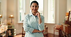 Hospitality, face or Indian woman in resort with smile, about us or pride in guest service. Happy, professional or supervisor at hotel with confidence, compliance or experience in lodge management.