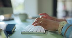 Business person, hands or typing with keyboard for journalism, email or communication in office. Closeup, employee or journalist writing on computer for online story, article or research in workplace