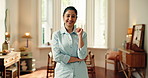 Hospitality, face or woman in hotel with smile, about us or pride in guest service. Happy, professional or Indian supervisor at resort with confidence, compliance or experience in lodge management.