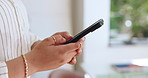 Woman, hands and typing with phone for social media, network or connectivity in office. Closeup, female person or employee texting on mobile smartphone for research, communication or app in workplace