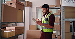 Ecommerce, tablet and shelf with man in warehouse for delivery information, shipping details and logistics. Online shopping startup, distribution shipment and cargo with person for courier postage