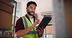 Shipping, tablet and shelf with man in warehouse for delivery information, ecommerce details or logistics. Online shopping startup, distribution shipment and low angle with person for courier postage