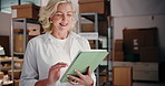 Logistics, startup and mature woman on tablet for shipping, supply chain and online inventory. Small business, ecommerce and senior person on digital tech for distribution, delivery and checklist