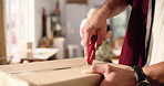 Hands, startup and unboxing with man, cutting and quality assurance with distribution. Small business, employee and sharp tool with package, opening parcel and supply chain with blade and equipment
