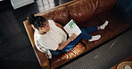 Writing, ideas and woman with notebook, lounge and planning for story with inspiration and creative. Above, author and black person with journal for novel, home and brainstorming with notes on couch