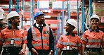Team, conversation and walking in warehouse for logistics plan, distribution and collaboration. People, smile and discussion in factory with PPE for supply chain update, shipping and export feedback.