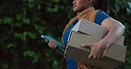 Hands, courier and box with black woman outdoor for shipping, distribution service and ecommerce parcel. Online shopping package, delivery and cargo with person and tablet for supply chain checklist