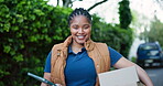 Tablet, courier and face with black woman outdoor for shipping, distribution service and ecommerce checklist. Online shopping package, delivery address and cargo with person and tech for supply chain