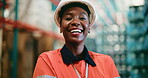 Logistics, face or black woman in warehouse with laugh, pride or experience in shipping industry. Distribution, ppe or supplier in depot with confidence, about us or career in inventory management.