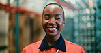 Face, black woman and smile for logistics at warehouse with career pride, inspection and supply chain. Portrait, person and about us of inventory management, quality control and distribution industry