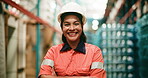 Logistics, face or woman in warehouse with arms crossed, pride or experience in shipping industry. Distribution, bokeh or Asian clerk in depot with confidence, ppe or career in inventory management.
