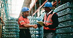 Logistics, tablet or people with handshake in warehouse, inspection success or cargo transport. Shipping depot, distribution or team shaking hands for inventory check victory, achievement or tech