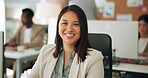 Smile, computer and face of business woman in office for about us, journalist editor and pride. Publishing agency, coworking and confidence with person in startup for reporter fact check and writer